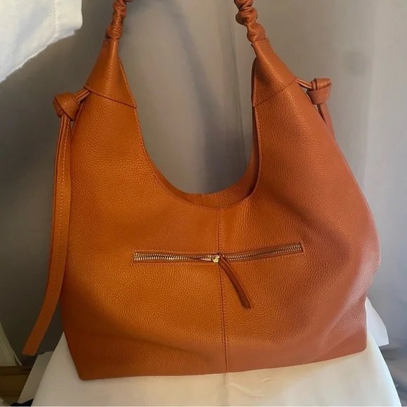 Laggo Hobo Bag Brown Tan Genuine Leather NWOT Pebbled Ruched Strap Bella